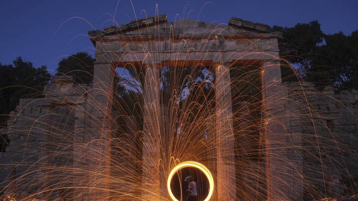 Steel wool art display in front of ancient ruins near Shahhat in northeastern Libya